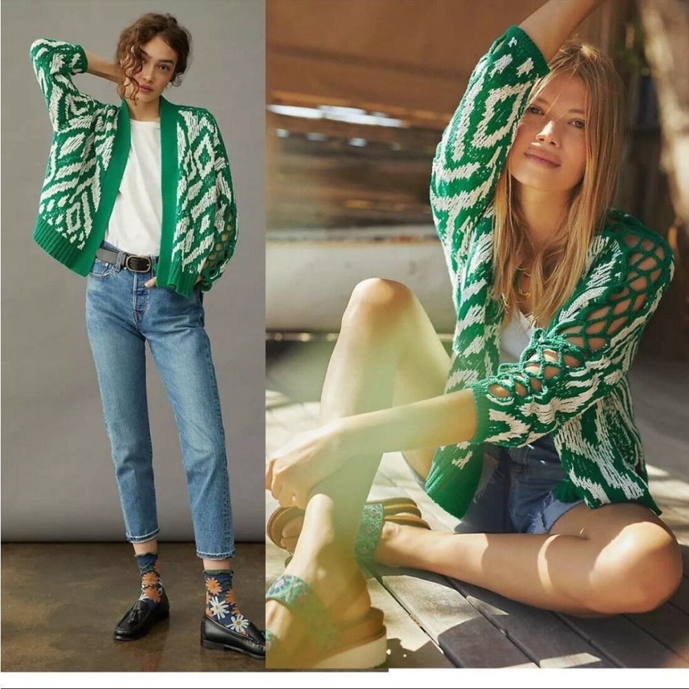 Anthropologie Green & White Openwork Geometric Cardigan